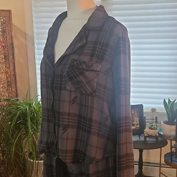 Rails Kellen Lightning Plaid Charcoal Jet Gray Black Womens Pajama Set Large